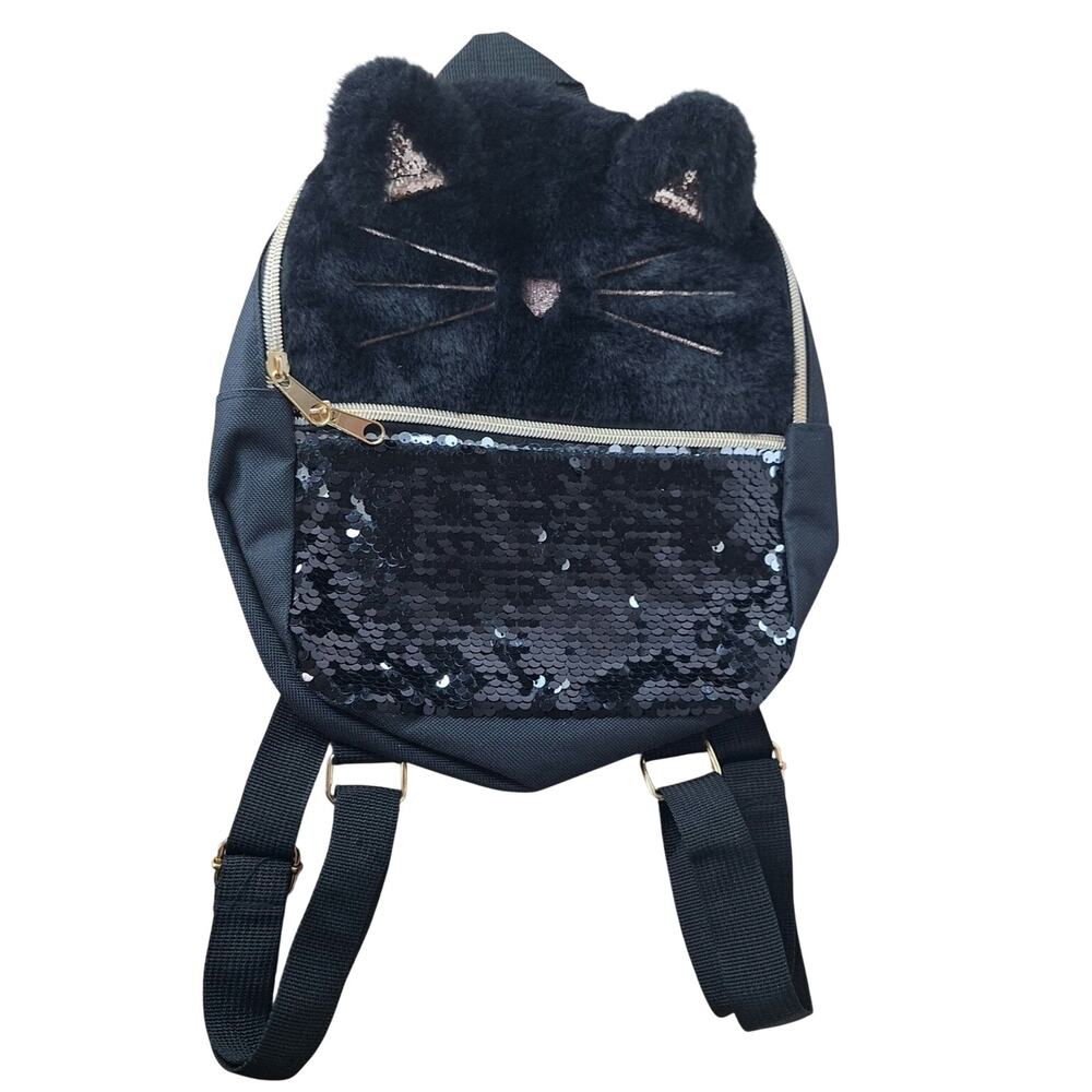 Inmocean Black Cat Mini Backpack Sequin Reversible Flip Fuzzy Kitty Ears Small